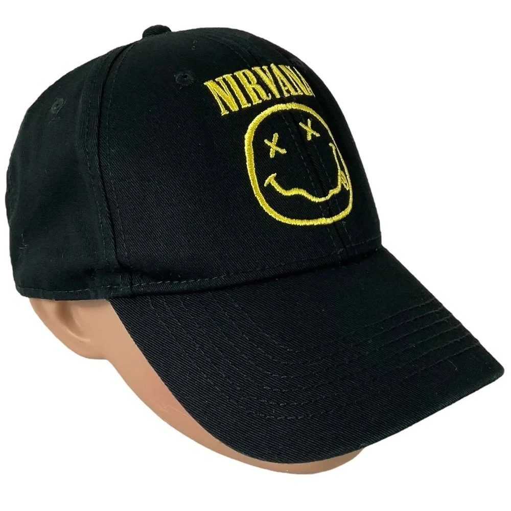 Nirvana Black Baseball Hat Embroidered Yellow Smile Face Logo Adjustable Cap